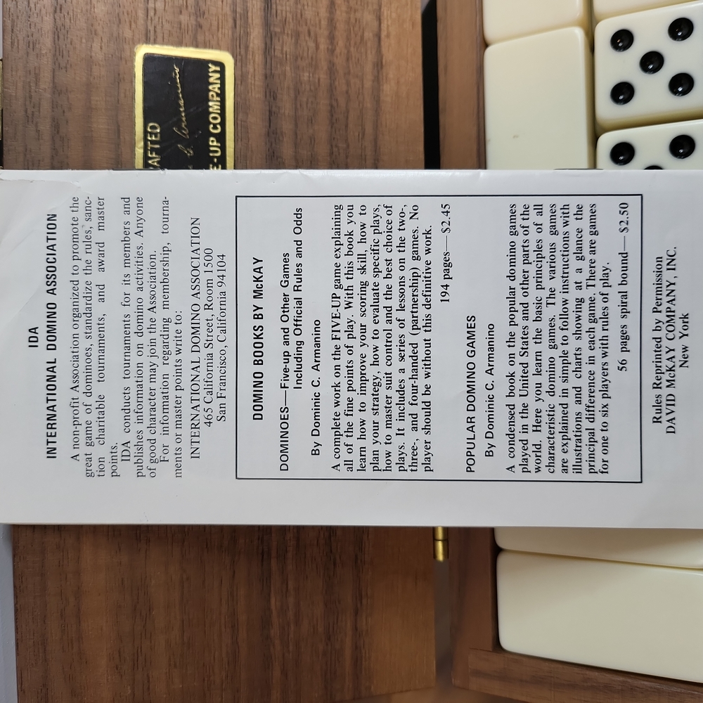 Handcrafted Dominic C. Armanino Five Up Co Dominos in Walnut Wood Box - Picture 10 of 16
